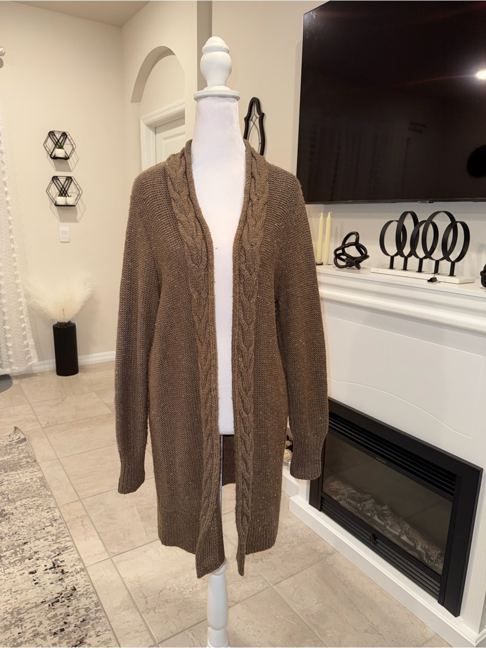 Banana Republic Brown Open-Front Cable-Trim Cardigan Size L